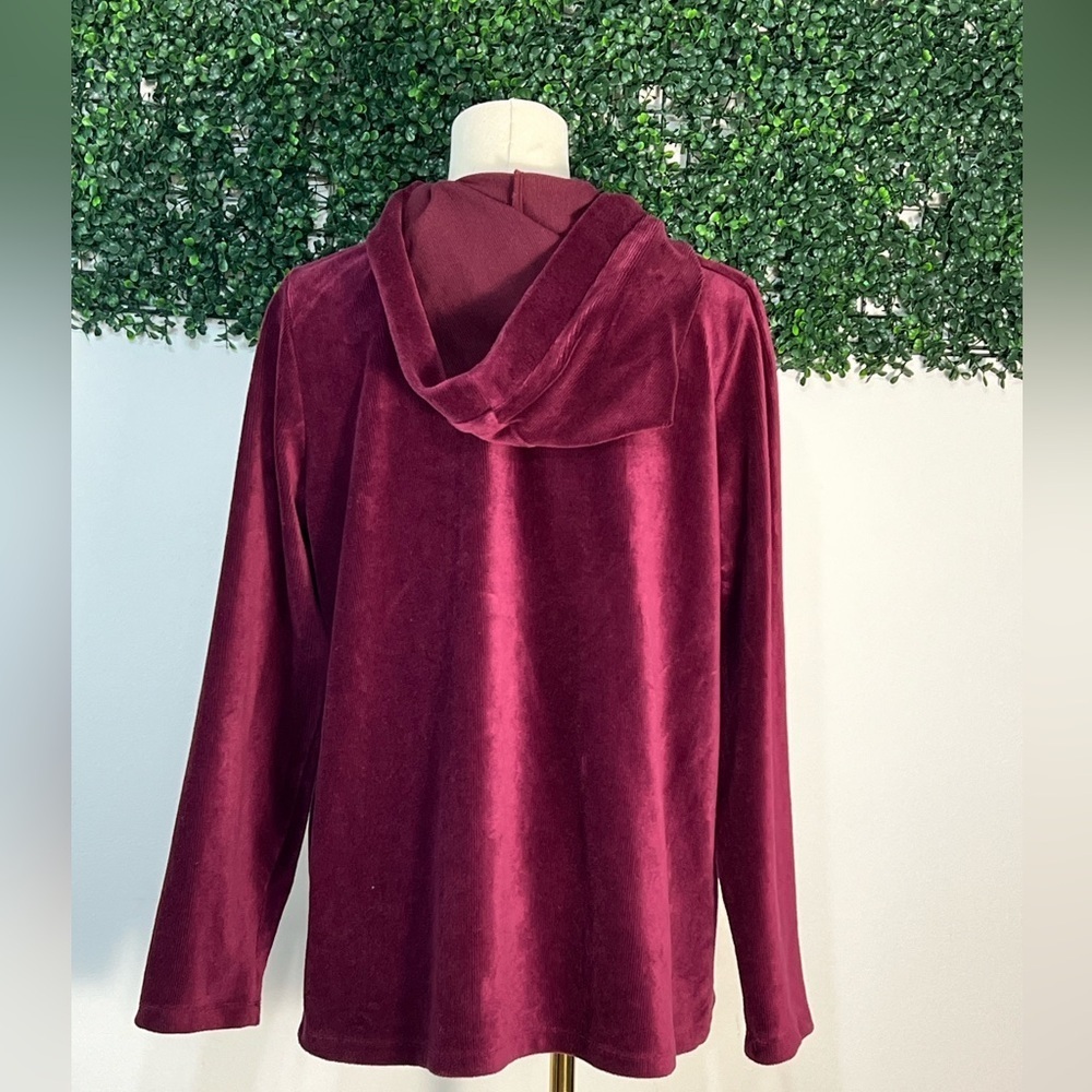 Susan Graver Velvet Burgundy Zip Up Hooded Sweater Jacket Cotton Size Large - Picture 5 of 13